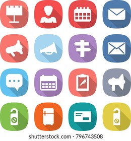 flat vector icon set - billboard vector, woman, calendar, mail, megafon, loudspeaker, singlepost, sms, clipboard pen, do not distrub, fridge, envelope