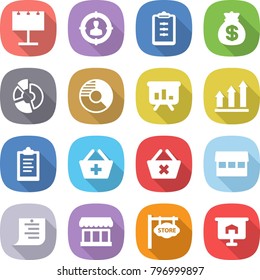 flat vector icon set - billboard vector, target audience, clipboard, money bag, circle diagram, presentation, graph up, add to basket, delete cart, market, shopping list, store signboard