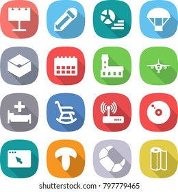 flat vector icon set - billboard vector, pencil, diagram, parachute, box, calendar, mansion, plane, hospital, rocking chair, router, cd, browser window, mushroom, croissant, paper towel