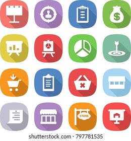 flat vector icon set - billboard vector, target audience, clipboard, money bag, presentation, diagram, add to cart, delete, market, shopping list, store signboard
