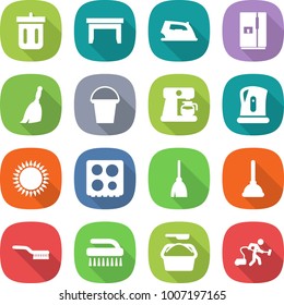 flat vector icon set - bin vector, table, iron, fridge, broom, bucket, coffee maker, kettle, gas oven, hob, plunger, brush, washing powder, vacuum cleaner