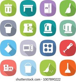 flat vector icon set - bin vector, table, fridge, broom, bucket, coffee maker, kettle, rag, microwave oven, hob, blender, food processor, plunger