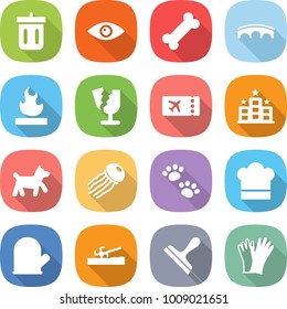 flat vector icon set - bin vector, eye, bone, bridge, flammable, broken, ticket, hotel, dog, jellyfish, pets, cook hat, glove, soil cutter, scraper, gloves