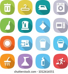 flat vector icon set - bin vector, hanger, iron, washing machine, broom, kettle, rag, microwave oven, gas, coffee maker, bucket, vacuum cleaner, plunger, toilet cleanser