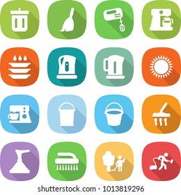 flat vector icon set - bin vector, broom, mixer, coffee maker, plate washing, kettle, gas oven, bucket, vacuum cleaner, plunger, brush, garden cleaning