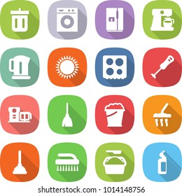 flat vector icon set - bin vector, washing machine, fridge, coffee maker, kettle, gas oven, hob, blender, food processor, broom, foam bucket, vacuum cleaner, plunger, brush, powder, toilet cleanser