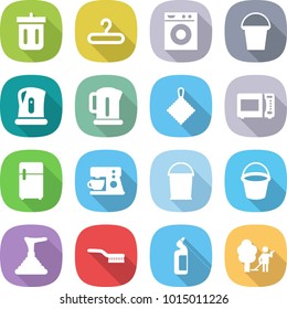 flat vector icon set - bin vector, hanger, washing machine, bucket, kettle, rag, microwave oven, fridge, coffee maker, plunger, brush, toilet cleanser, garden cleaning