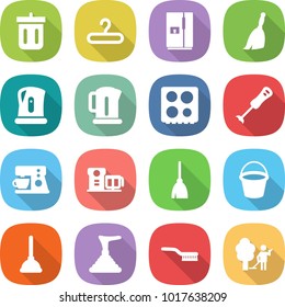 flat vector icon set - bin vector, hanger, fridge, broom, kettle, hob, blender, coffee maker, food processor, bucket, plunger, brush, garden cleaning