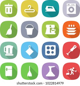 flat vector icon set - bin vector, hanger, iron, washing machine, broom, bucket, coffee maker, plate, kettle, rag, hob, blender, fridge, plunger, vacuum cleaner