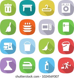 flat vector icon set - bin vector, table, hanger, washing machine, broom, plate, microwave oven, fridge, coffee maker, bucket, foam, plunger, brush, toilet cleanser, vacuum cleaner