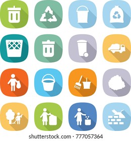 flat vector icon set - bin vector, recycle, bucket, garbage bag, trash, truck, and broom, pile of, garden cleaning, construct