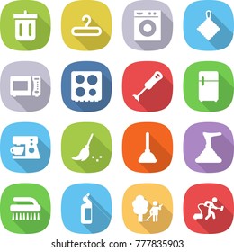flat vector icon set - bin vector, hanger, washing machine, rag, microwave oven, hob, blender, fridge, coffee maker, broom, plunger, brush, toilet cleanser, garden cleaning, vacuum cleaner
