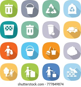 flat vector icon set - bin vector, bucket, recycle, garbage bag, trash, truck, and broom, pile of, garden cleaning, construct