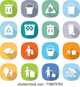 flat vector icon set - bin vector, bucket, recycle, garbage bag, trash, truck, and broom, garden cleaning, construct