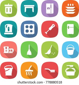 flat vector icon set - bin vector, table, fridge, plate washing, kettle, hob, blender, food processor, broom, bucket, foam, vacuum cleaner, brush, powder