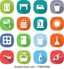 flat vector icon set - bin vector, table, iron, bucket, mixer, plate washing, kettle, gas oven, hob, fridge, plunger, brush, powder, toilet cleanser, vacuum cleaner