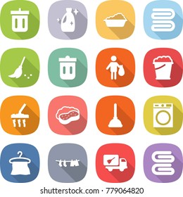 flat vector icon set - bin vector, cleanser, washing, towel, broom, trash, foam bucket, vacuum cleaner, sponge with, plunger, machine, hanger, drying clothes, home call cleaning
