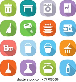 flat vector icon set - bin vector, table, washing machine, fridge, broom, mixer, plate, coffee maker, food processor, bucket, vacuum cleaner, plunger, powder, toilet cleanser