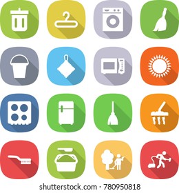 flat vector icon set - bin vector, hanger, washing machine, broom, bucket, rag, microwave oven, gas, hob, fridge, vacuum cleaner, brush, powder, garden cleaning