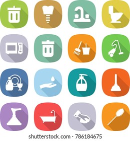 flat vector icon set - bin vector, tooth implant, water tap, toilet, microwave oven, trash, bucket and broom, vacuum cleaner, dish cleanser, hand drop, liquid soap, plunger, bath, wiping, duster