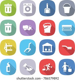 flat vector icon set - bin vector, washing machine, scoop, bucket, trash, sweeper, foam, sponge, skyscrapers cleaning, utility room, brush, toilet cleanser, wiping, vacuum cleaner, garbage