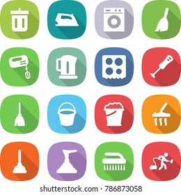 flat vector icon set - bin vector, iron, washing machine, broom, mixer, kettle, hob, blender, bucket, foam, vacuum cleaner, plunger, brush