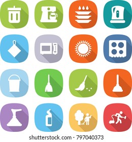 flat vector icon set - bin vector, coffee maker, plate washing, kettle, rag, microwave oven, gas, hob, bucket, broom, plunger, toilet cleanser, garden cleaning, vacuum cleaner