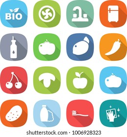 flat vector icon set - bio vector, cooler fan, water tap, fridge, vegetable oil, tomato, lemon, hot pepper, cherry, mushroom, apple, potato, shampoo, tooth brush, wiping