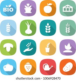 flat vector icon set - bio vector, flower, apple, greenhouse, spike, onion, mushroom, harvest, seedling, sprouting, tomato, strawberry, watering can, potato