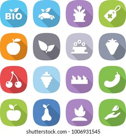 flat vector icon set - bio vector, eco car, flower, medical label, apple, leafs, bed, berry, cherry, grape, seedling, eggplant, pear, sprouting, hand leaf