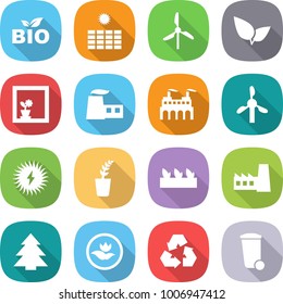 flat vector icon set - bio vector, sun power, windmill, leafs, flower in window, factory, solar, seedling, spruce, ecology, recycling, trash bin