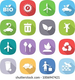 flat vector icon set - bio vector, sun power, windmill, eco car, electric, bin, leafs, trees, sprouting, recycling, trash, truck, garbage, construct