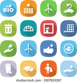 flat vector icon set - bio vector, sun power, windmill, electric car, bin, greenhouse, flower in window, solar panel, hand leaf, drop, ecology, trash, truck