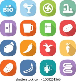 flat vector icon set - bio vector, cocktail, cooler fan, water tap, fridge, cup, potato, lemon, hot pepper, beet, carrot, peas, wiping, towel