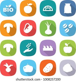 flat vector icon set - bio vector, apple, greenhouse, flour, mushroom, beans, onion, coffee seeds, harvest, seedling, beet, tomato, potato, pile of garbage