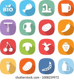 flat vector icon set - bio vector, chicken leg, water tap, cup, corkscrew, jug, potato, hot pepper, cherry, mushroom, beet, strawberry, carrot, peas, shampoo