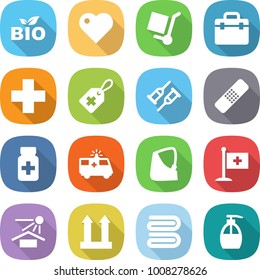 flat vector icon set - bio vector, heart, cargo stoller, doctor bag, medical cross, label, crutch, patch, pills bottle, ambulance car, broken hand, flag, sun potection, top sign, towel, liquid soap