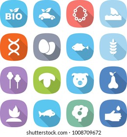 flat vector icon set - bio vector, eco car, hawaiian wreath, shark flipper, dna, eggs, fish, spike, trees, mushroom, pig, pear, sprouting, garden, hand drop