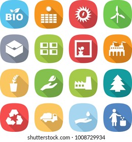 flat vector icon set - bio vector, sun power, windmill, box, panel house, flower in window, factory, seedling, hand leaf, spruce, recycling, trash truck, and drop, garbage bin