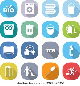 flat vector icon set - bio vector, washing machine, towel, bucket, trash bin, vacuum cleaner, sponge, dish cleanser, drying clothes, toilet, paper, brooming, duster