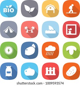 flat vector icon set - bio vector, leafs, barn, tourist, tent, palm hammock, shark flipper, flower in window, solar power, lemon, rain cloud, mushroom, flour, tomato, grain elevator, potato