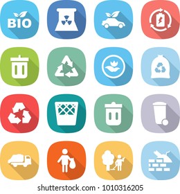 flat vector icon set - bio vector, nuclear power, eco car, battery charge, bin, recycle, ecology, garbage bag, recycling, trash, truck, garden cleaning, construct