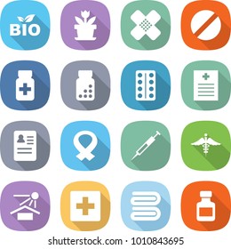 flat vector icon set - bio vector, flower, medical patch, pill, pills bottle, blister, recipe, anamnesis, harness, syringe, ambulance sign, sun potection, first aid, towel