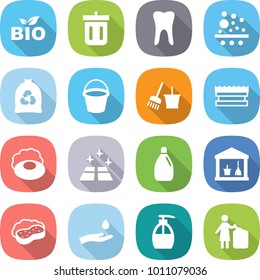 flat vector icon set - bio vector, bin, tooth, filter, garbage bag, bucket, and broom, sponge, soap, clean floor, cleanser, utility room, with foam, hand drop, liquid
