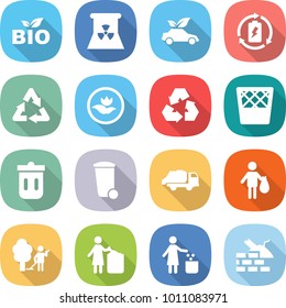 flat vector icon set - bio vector, nuclear power, eco car, battery charge, recycle, ecology, recycling, trash bin, truck, garden cleaning, garbage, construct