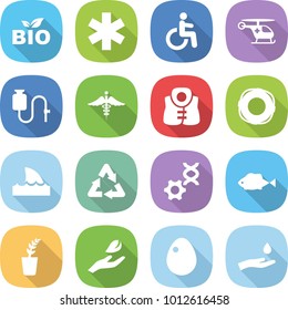 flat vector icon set - bio vector, ambulance star, disability, helicopter, dropper, sign, life vest, lifebuoy, shark flipper, recycle, dna edit, fish, seedling, hand leaf, egg, and drop