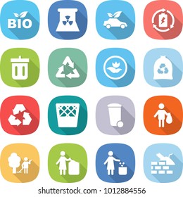 flat vector icon set - bio vector, nuclear power, eco car, battery charge, bin, recycle, ecology, garbage bag, recycling, trash, garden cleaning, construct