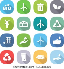 flat vector icon set - bio vector, windmill, bin, leafs, greenhouse, recycle, solar panel, hand leaf, drop, recycling, trash, truck, and
