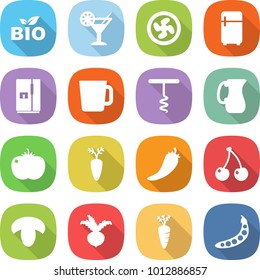 flat vector icon set - bio vector, cocktail, cooler fan, fridge, cup, corkscrew, jug, tomato, carrot, hot pepper, cherry, mushroom, beet, peas