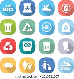 flat vector icon set - bio vector, nuclear power, eco car, battery charge, bin, recycle, ecology, garbage bag, recycling, trash, truck, garden cleaning, construct